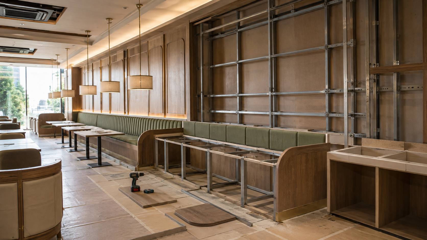 Restaurant under construction with banquette seating and wall panelling frames being installed on site